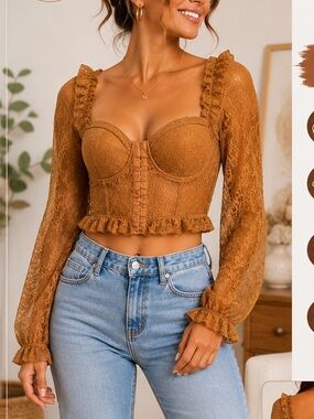 Chocolate Ruffled Lace Crop Corset Top in Caramel LARGE